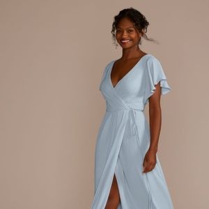 David's Bridal Flutter Sleeve Georgette Wrap Size 8 in Dusty Blue